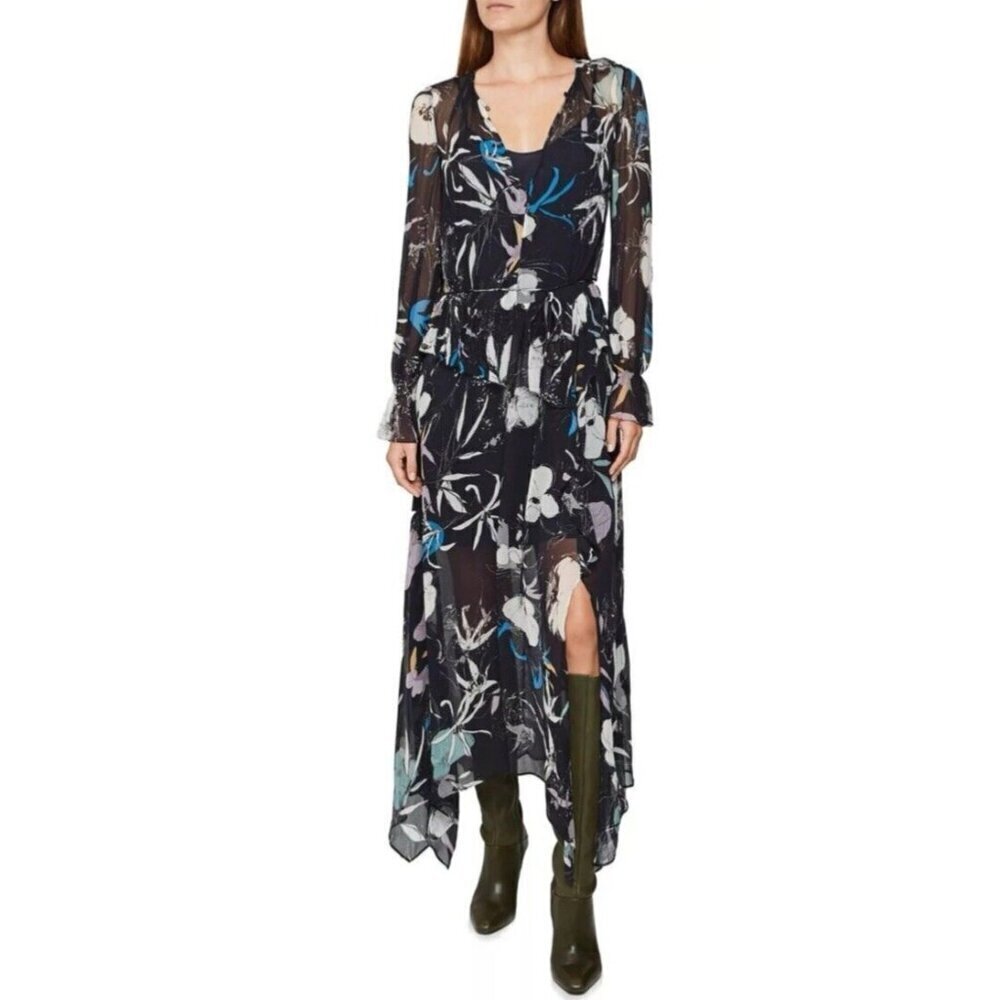 Reiss Dress Sz 12 Navy Floral Carina Springโ Whimsigoth Maxi w/ High Front Slit